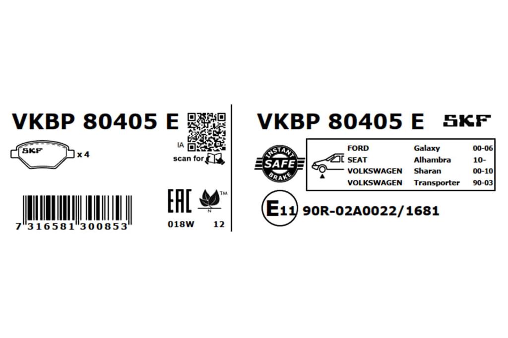 Jeu de 4 plaquettes de frein SKF ref. VKBP 80405 E